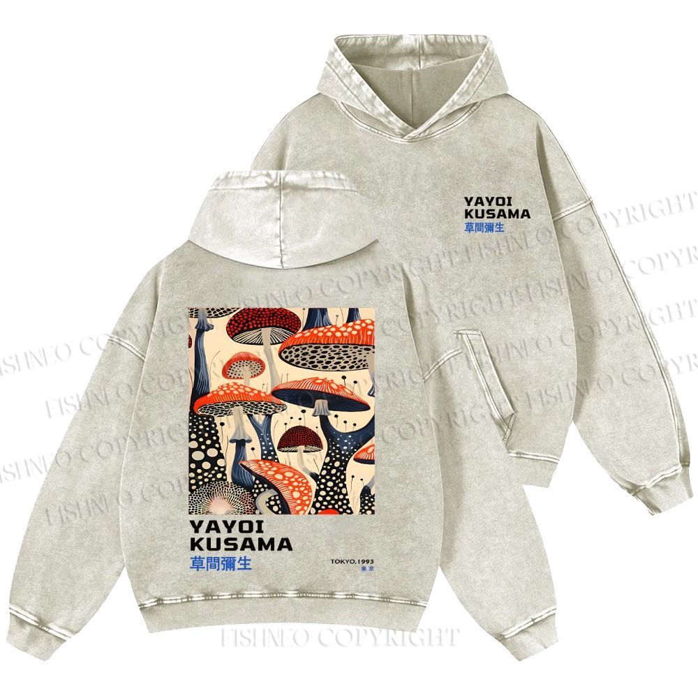Unisex Casual Yayoi Kusama Mushroom Vintage Japanese Printed Double-sided Washed Hoodie