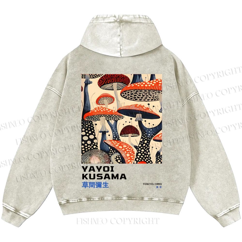 Unisex Casual Yayoi Kusama Mushroom Vintage Japanese Printed Double-sided Washed Hoodie