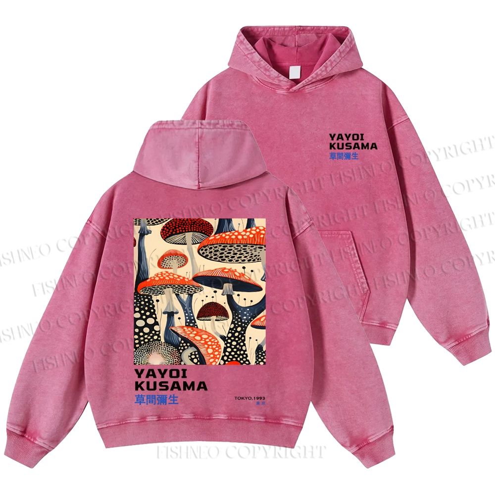 Unisex Casual Yayoi Kusama Mushroom Vintage Japanese Printed Double-sided Washed Hoodie