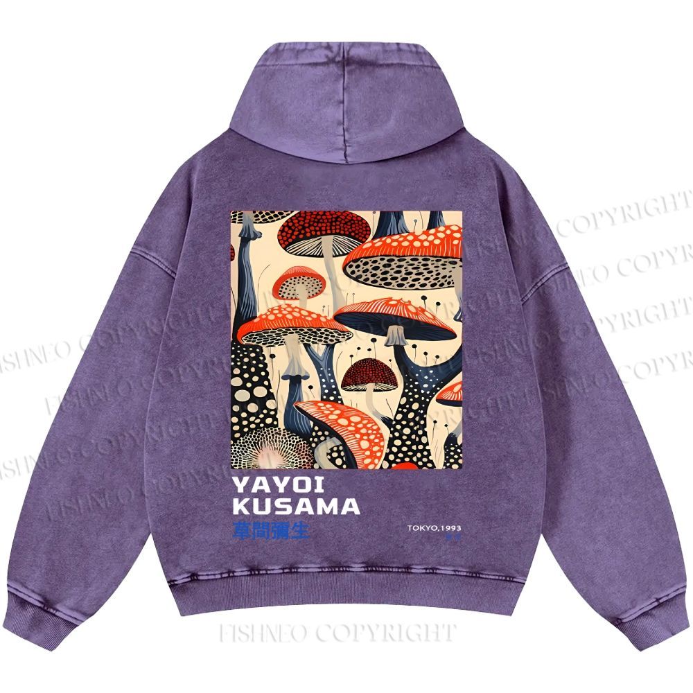 Unisex Casual Yayoi Kusama Mushroom Vintage Japanese Printed Double-sided Washed Hoodie