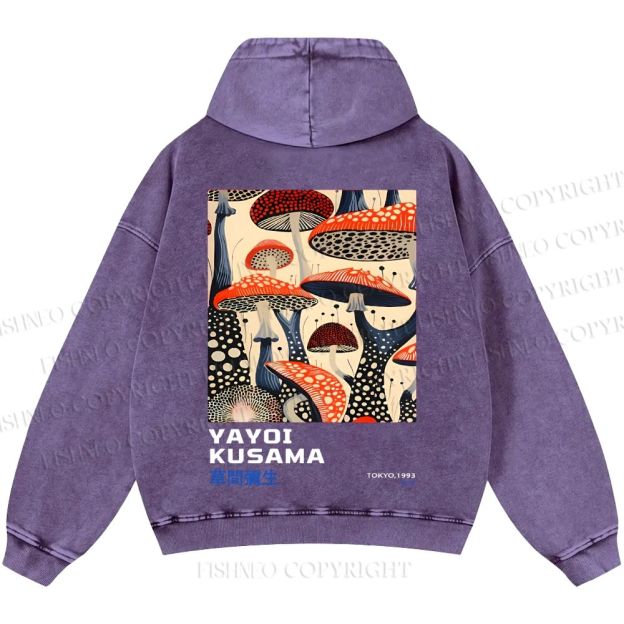 Unisex Casual Yayoi Kusama Mushroom Vintage Japanese Printed Double-sided Washed Hoodie