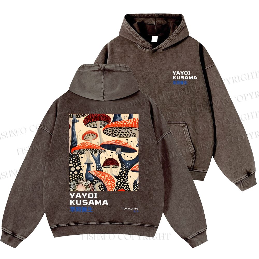 Unisex Casual Yayoi Kusama Mushroom Vintage Japanese Printed Double-sided Washed Hoodie