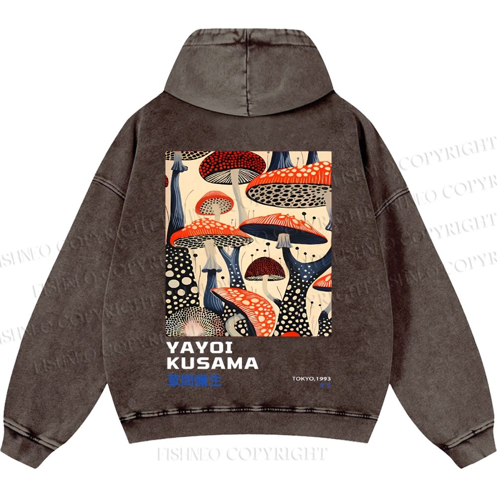 Unisex Casual Yayoi Kusama Mushroom Vintage Japanese Printed Double-sided Washed Hoodie