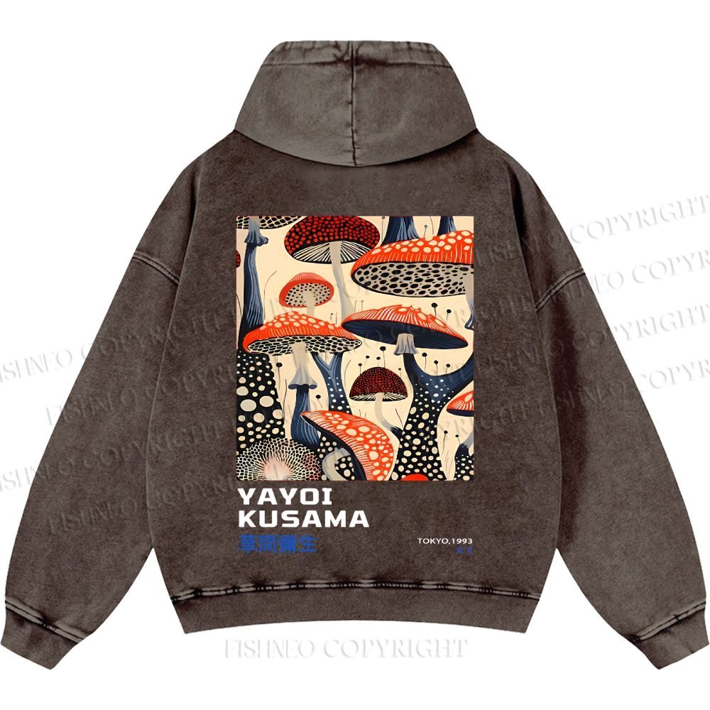 Unisex Casual Yayoi Kusama Mushroom Vintage Japanese Printed Double-sided Washed Hoodie
