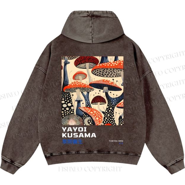 Unisex Casual Yayoi Kusama Mushroom Vintage Japanese Printed Double-sided Washed Hoodie