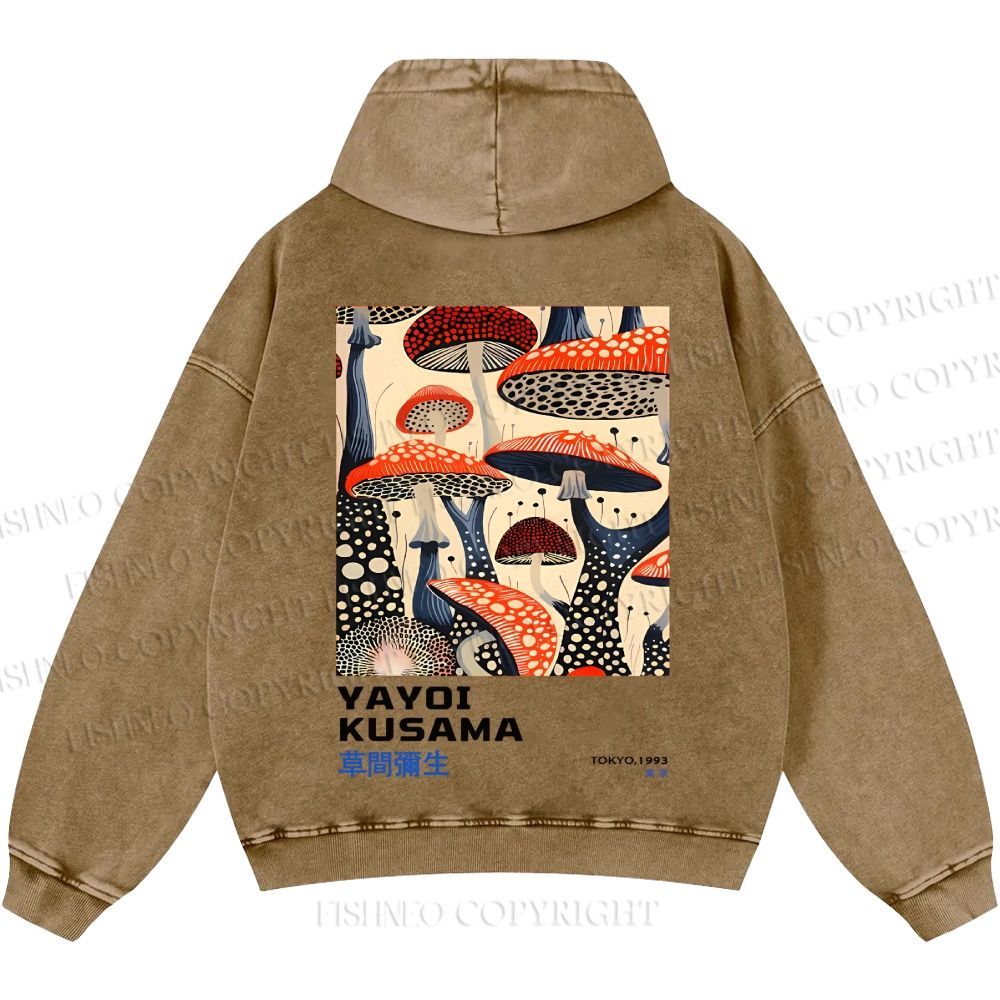 Unisex Casual Yayoi Kusama Mushroom Vintage Japanese Printed Double-sided Washed Hoodie