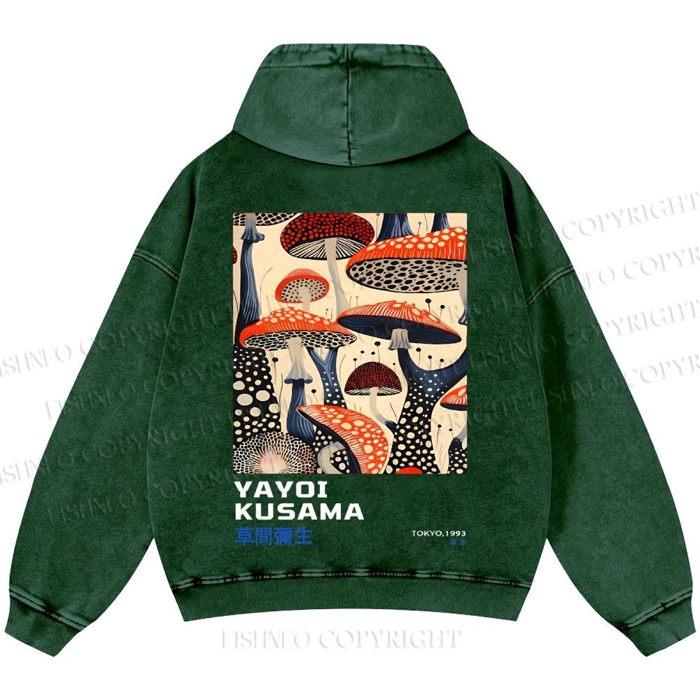 Unisex Casual Yayoi Kusama Mushroom Vintage Japanese Printed Double-sided Washed Hoodie