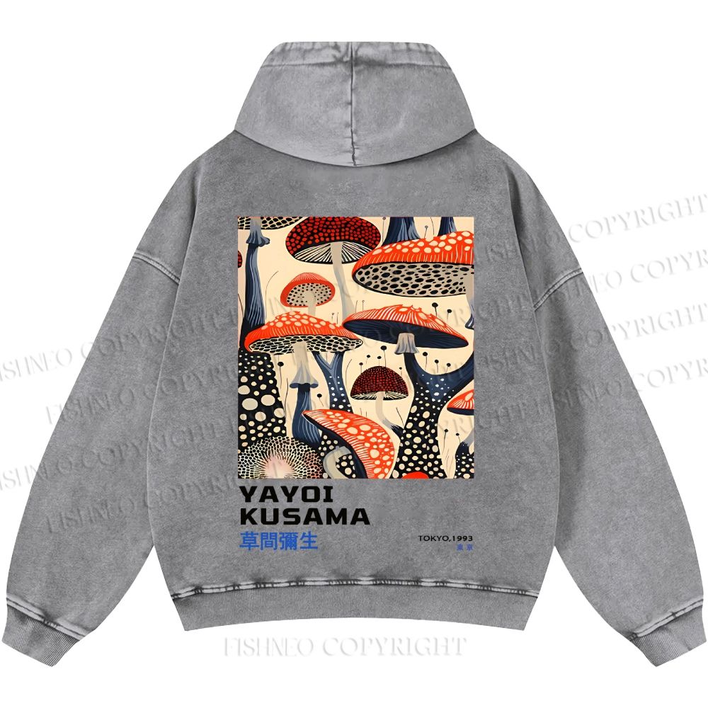 Unisex Casual Yayoi Kusama Mushroom Vintage Japanese Printed Double-sided Washed Hoodie