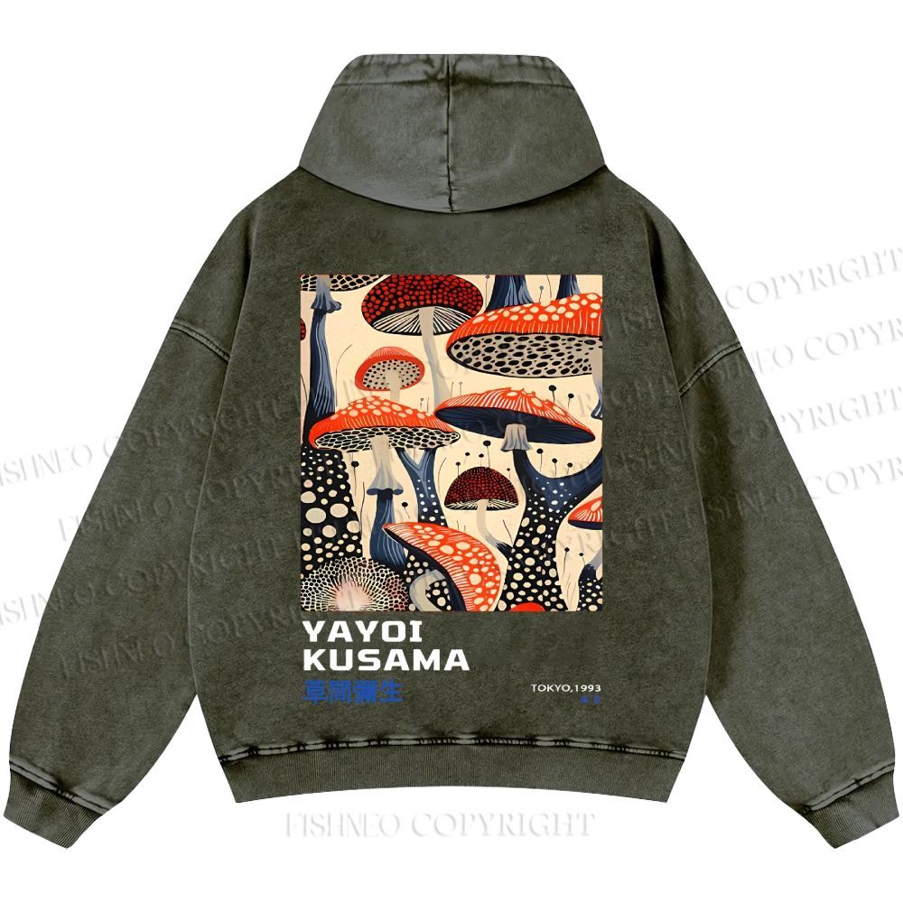 Unisex Casual Yayoi Kusama Mushroom Vintage Japanese Printed Double-sided Washed Hoodie
