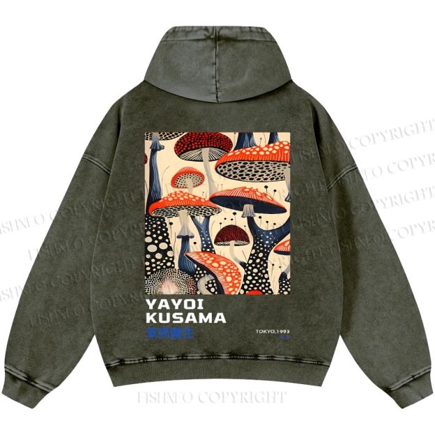 Unisex Casual Yayoi Kusama Mushroom Vintage Japanese Printed Double-sided Washed Hoodie