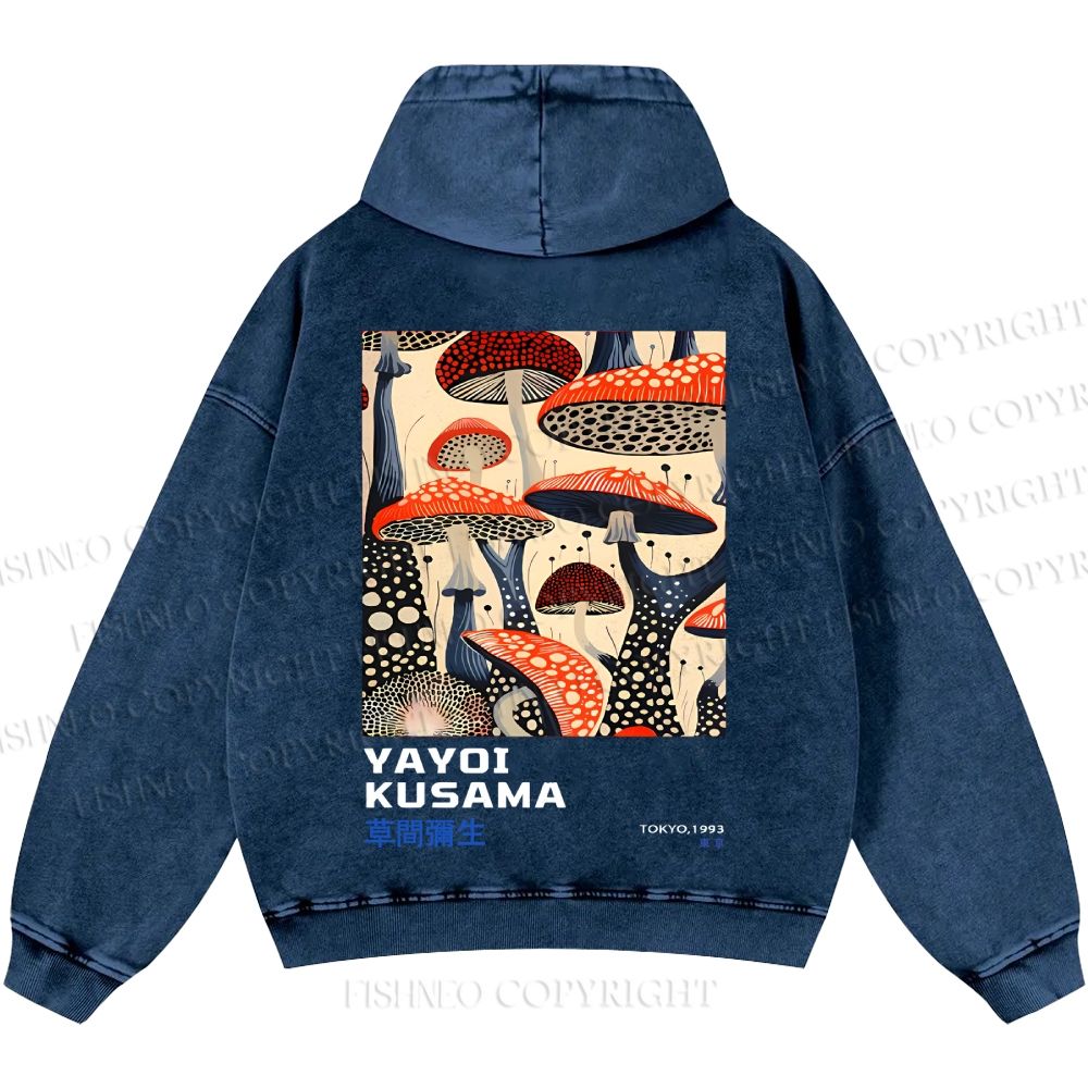 Unisex Casual Yayoi Kusama Mushroom Vintage Japanese Printed Double-sided Washed Hoodie