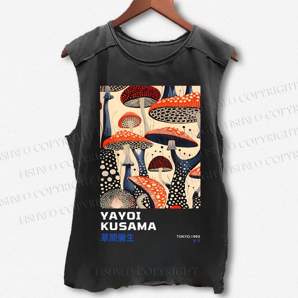 Unisex Yayoi Kusama Mushroom Vintage Japanese Printed Washed Tank Top