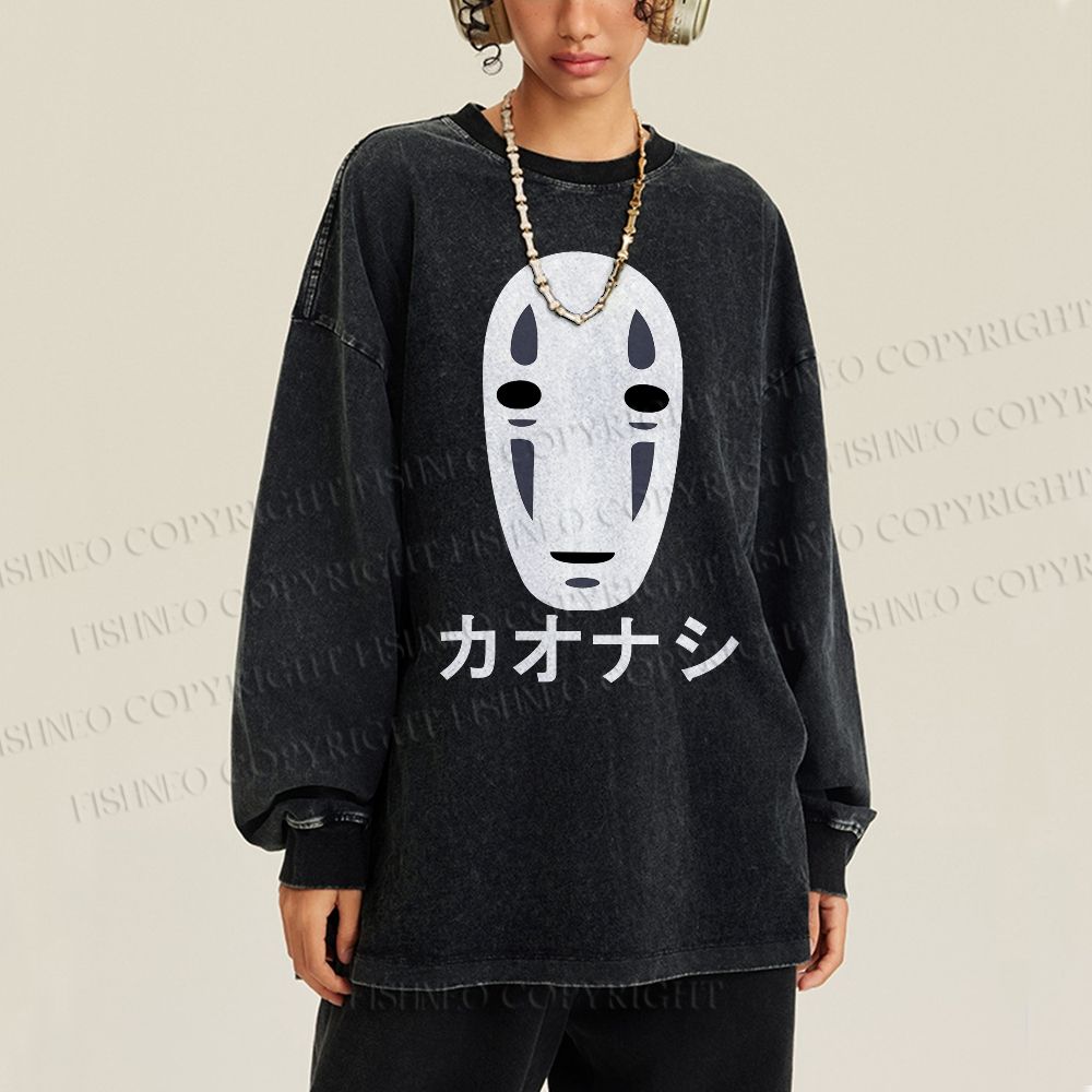 Unisex Casual Washed Faceless Man Printed Long Sleeve T-shirt