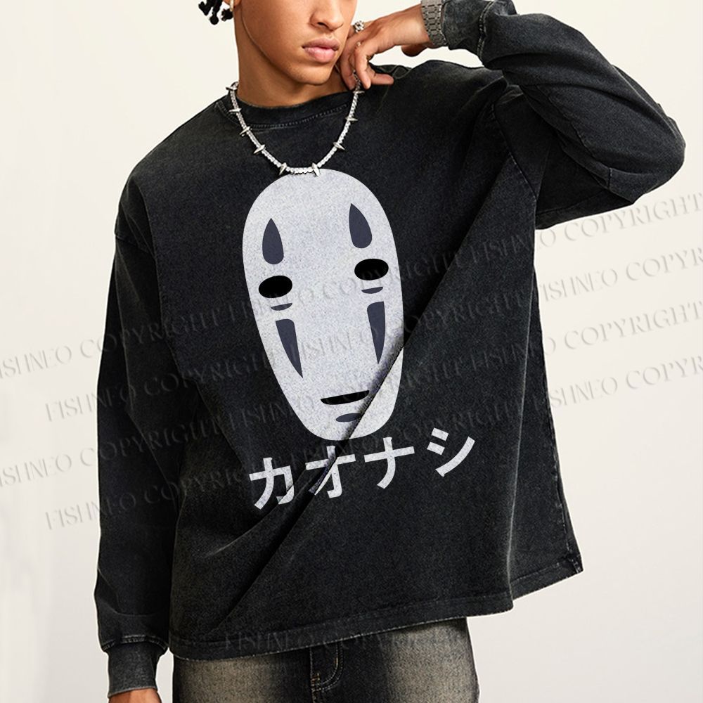 Unisex Casual Washed Faceless Man Printed Long Sleeve T-shirt