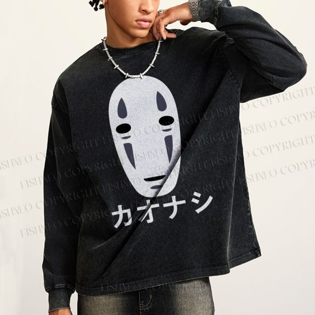 Unisex Casual Washed Faceless Man Printed Long Sleeve T-shirt