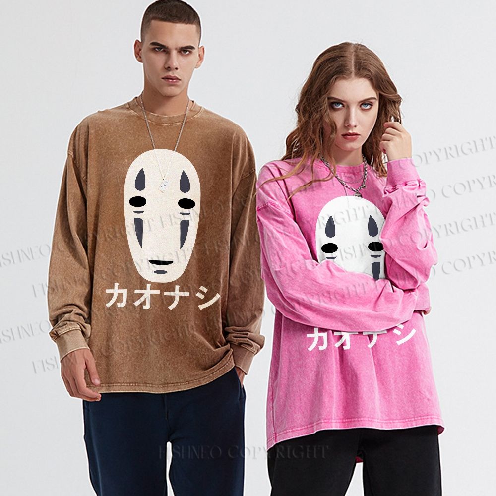 Unisex Casual Washed Faceless Man Printed Long Sleeve T-shirt
