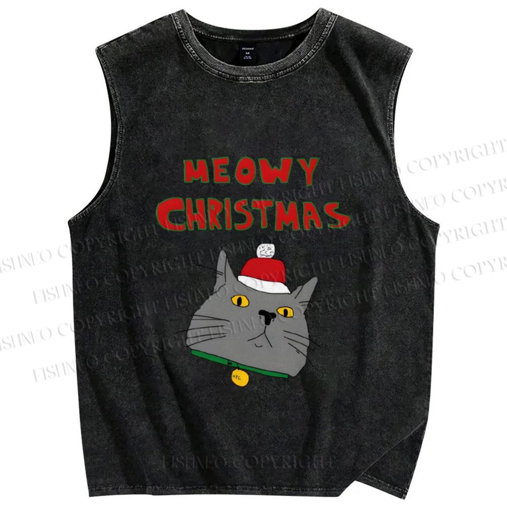 Unisex Funny Cat Meowy Christmas Printed Washed Tank Top