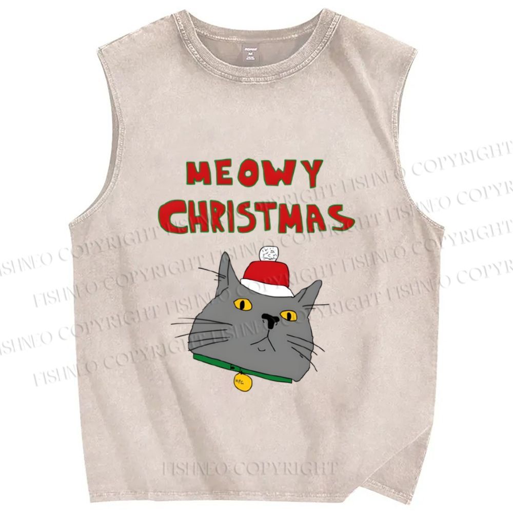 Unisex Funny Cat Meowy Christmas Printed Washed Tank Top