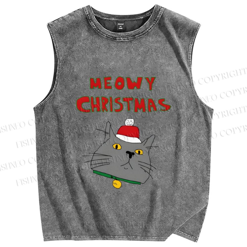 Unisex Funny Cat Meowy Christmas Printed Washed Tank Top