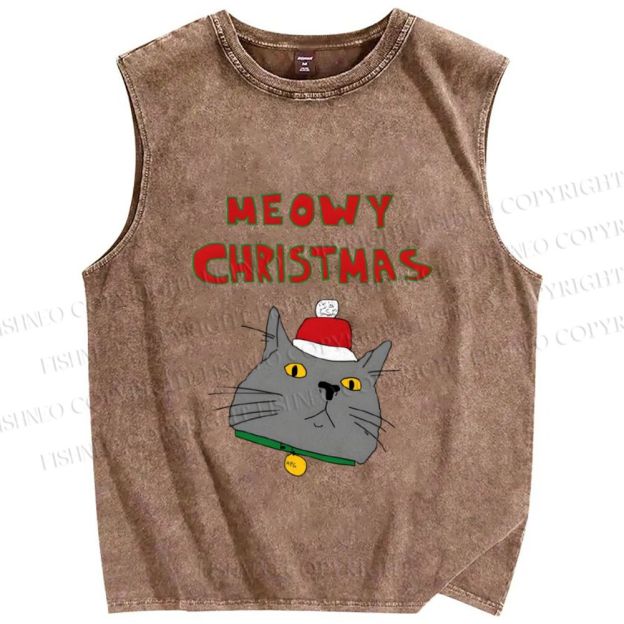 Unisex Funny Cat Meowy Christmas Printed Washed Tank Top