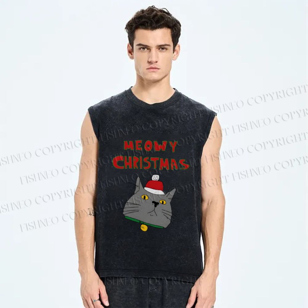 Unisex Funny Cat Meowy Christmas Printed Washed Tank Top