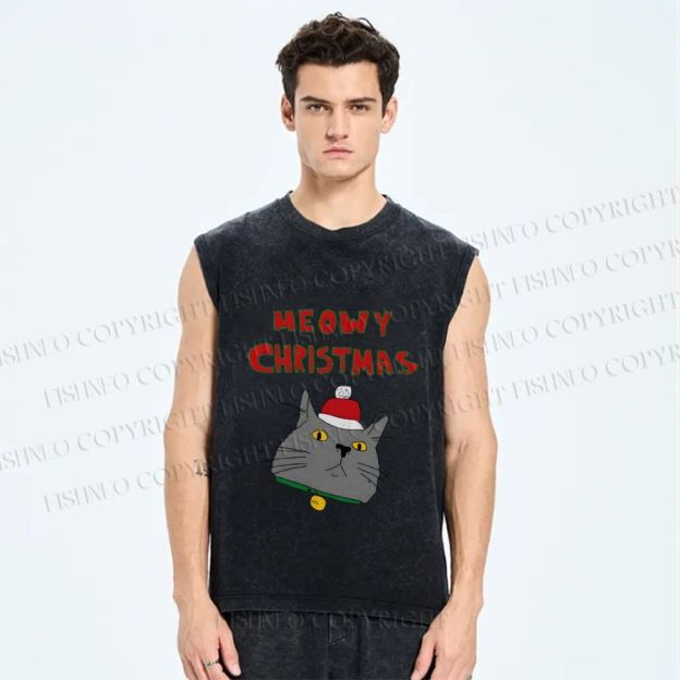 Unisex Funny Cat Meowy Christmas Printed Washed Tank Top