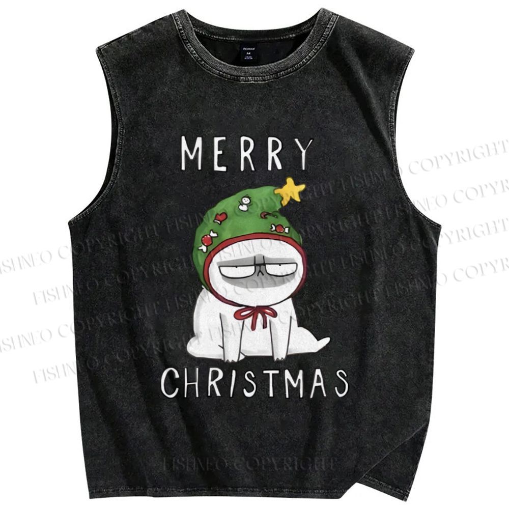 Unisex Upset Cat Merry Christmas Printed Washed Tank Top