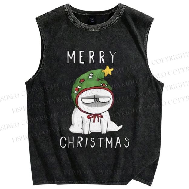 Unisex Upset Cat Merry Christmas Printed Washed Tank Top