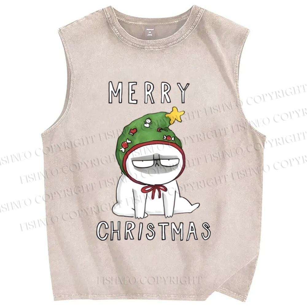 Unisex Upset Cat Merry Christmas Printed Washed Tank Top