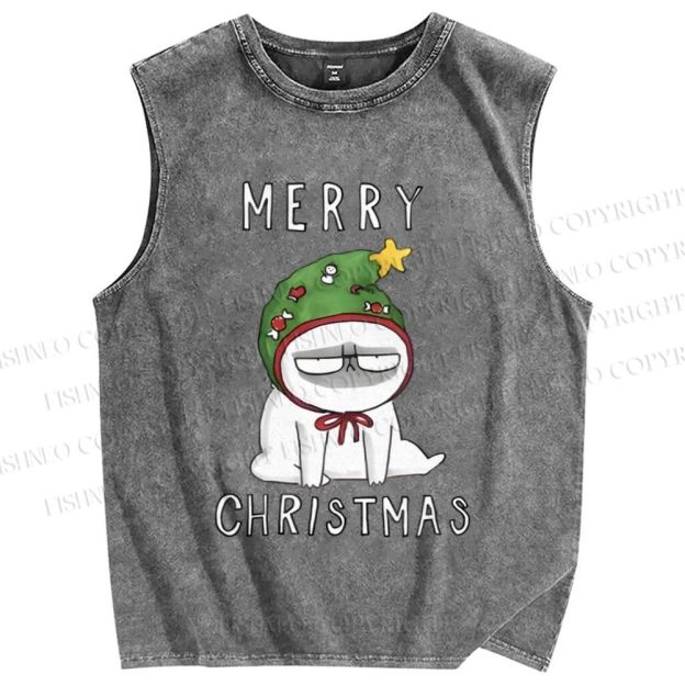 Unisex Upset Cat Merry Christmas Printed Washed Tank Top