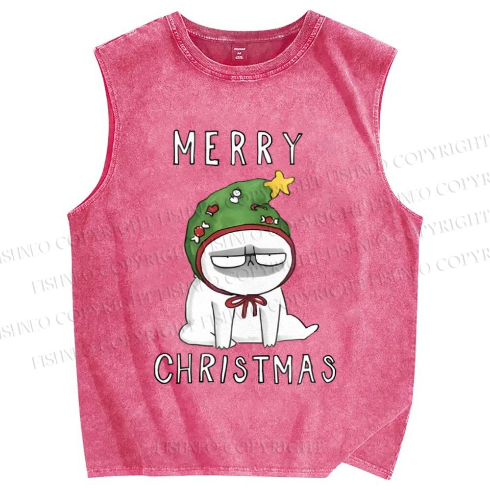 Unisex Upset Cat Merry Christmas Printed Washed Tank Top