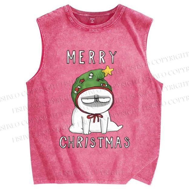 Unisex Upset Cat Merry Christmas Printed Washed Tank Top