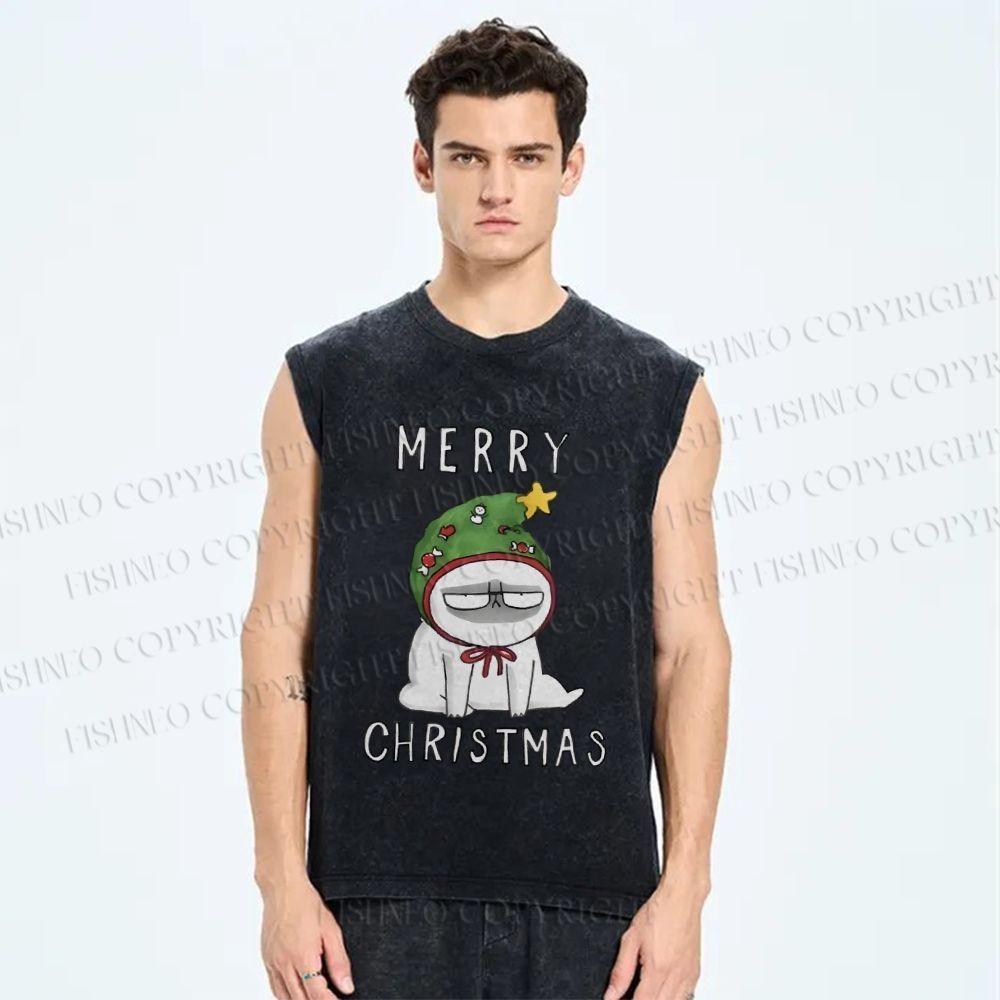 Unisex Upset Cat Merry Christmas Printed Washed Tank Top