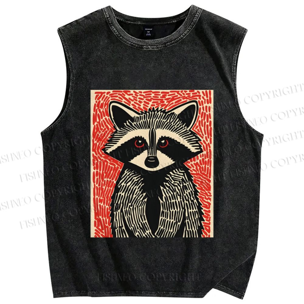 Unisex Art Raccoon Printed Washed Tank Top