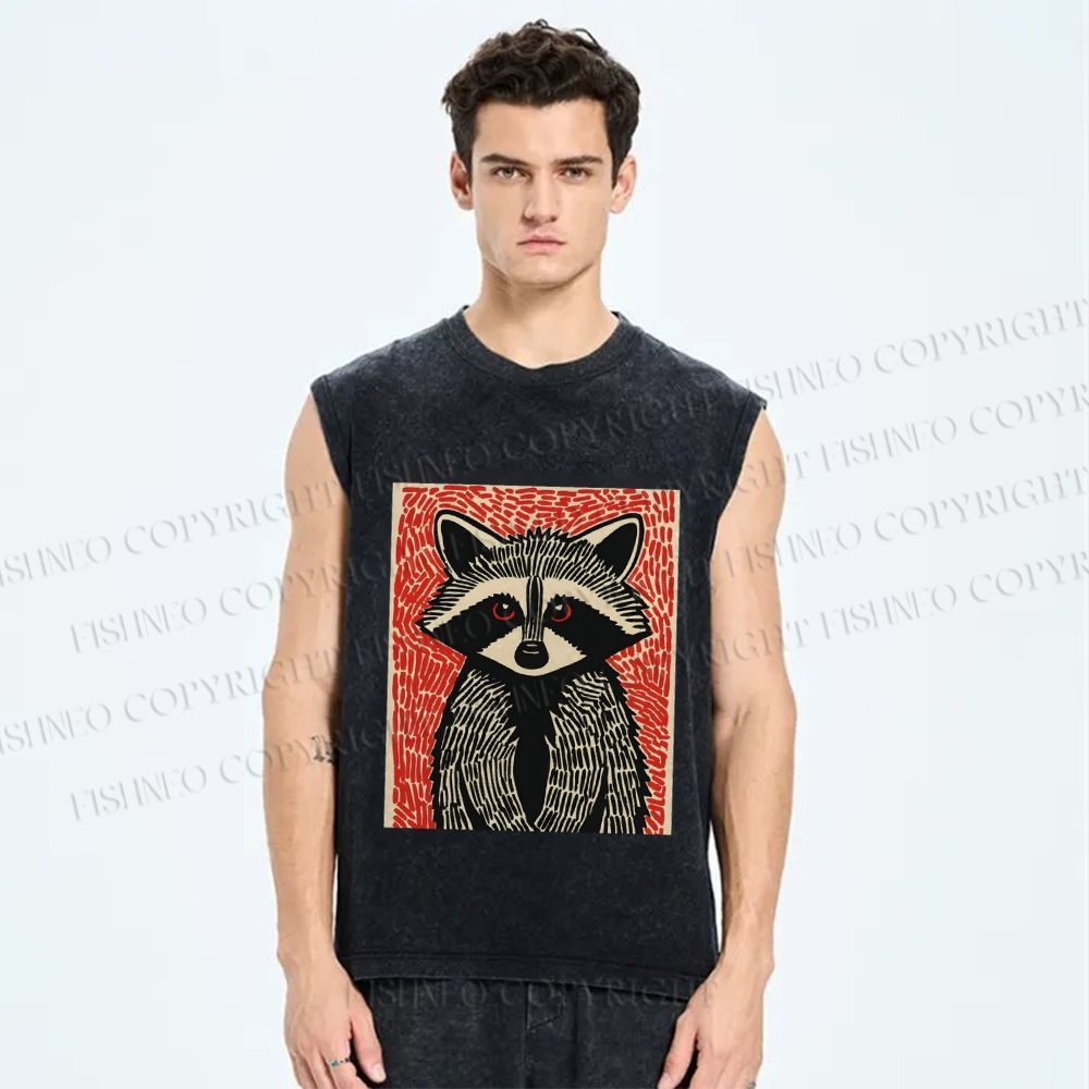 Unisex Art Raccoon Printed Washed Tank Top
