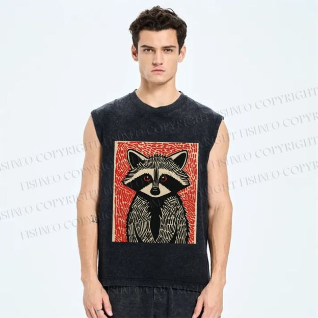 Unisex Art Raccoon Printed Washed Tank Top