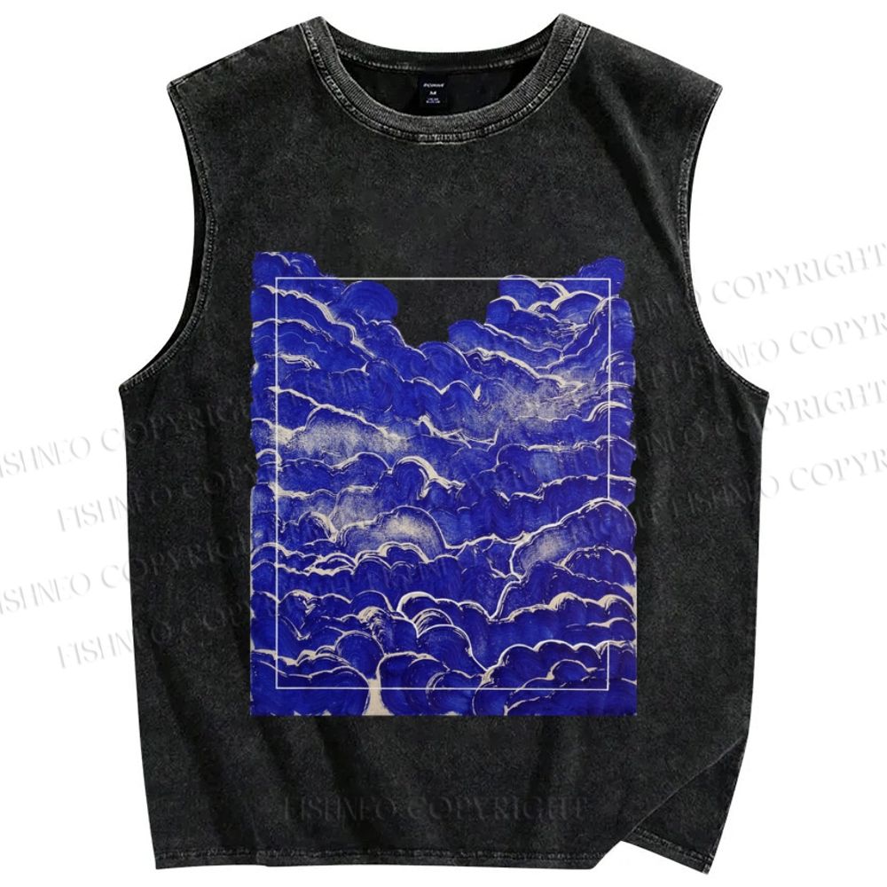 Unisex Art Vintage Waves Printed Washed Tank Top