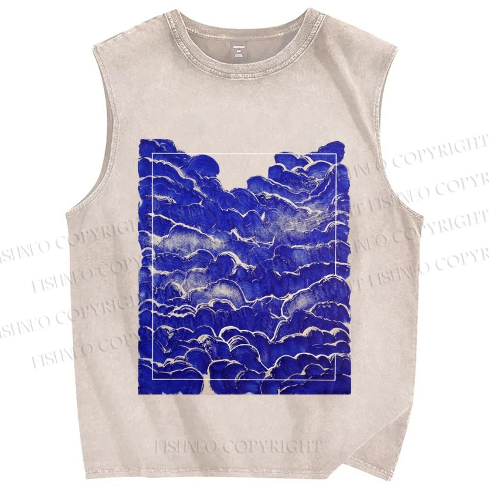Unisex Art Vintage Waves Printed Washed Tank Top