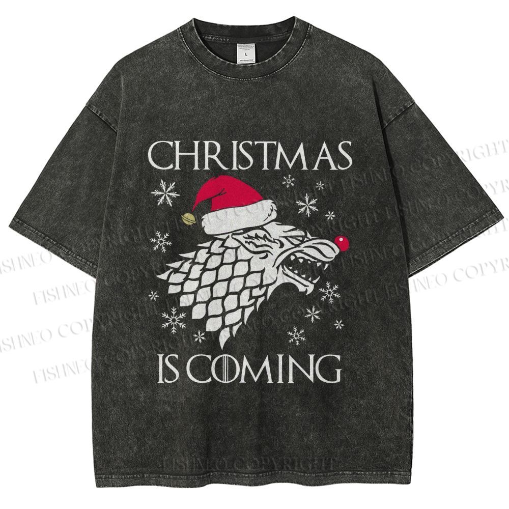 Unisex Winter Wolf Christmas Is Coming Printed Washed Tee