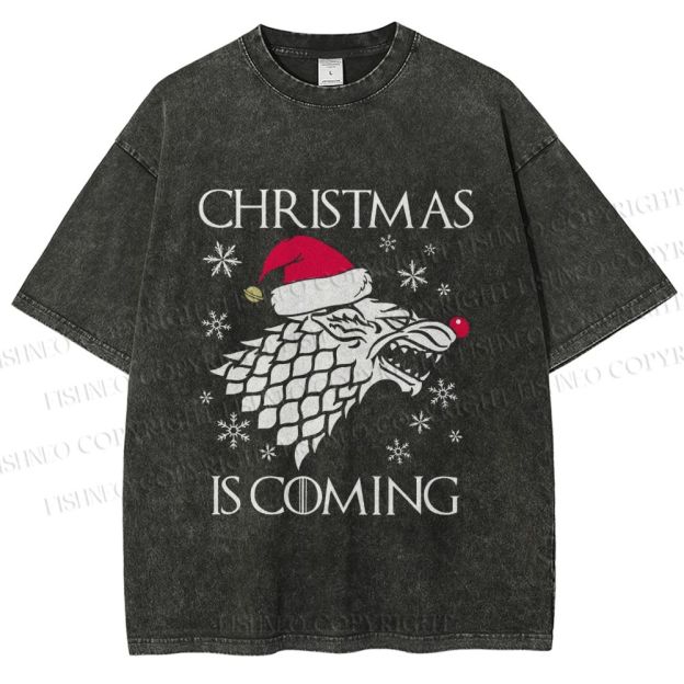 Unisex Winter Wolf Christmas Is Coming Printed Washed Tee