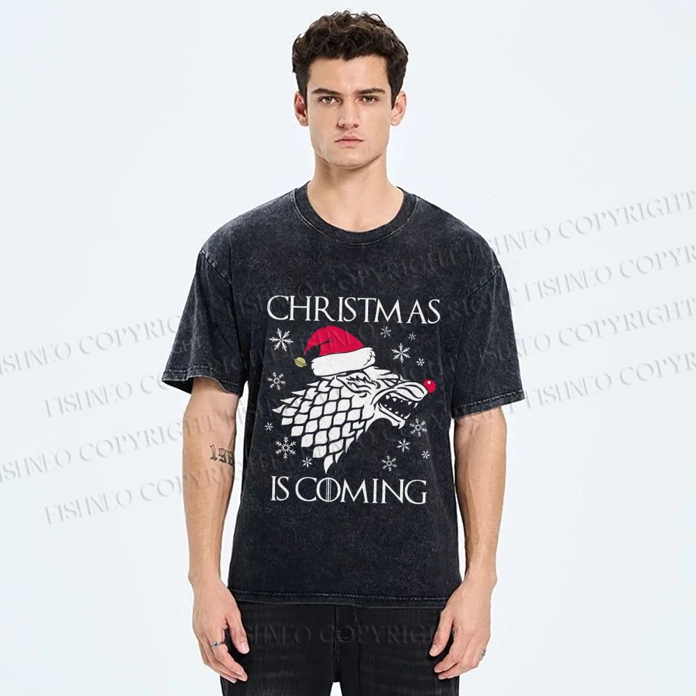 Unisex Winter Wolf Christmas Is Coming Printed Washed Tee