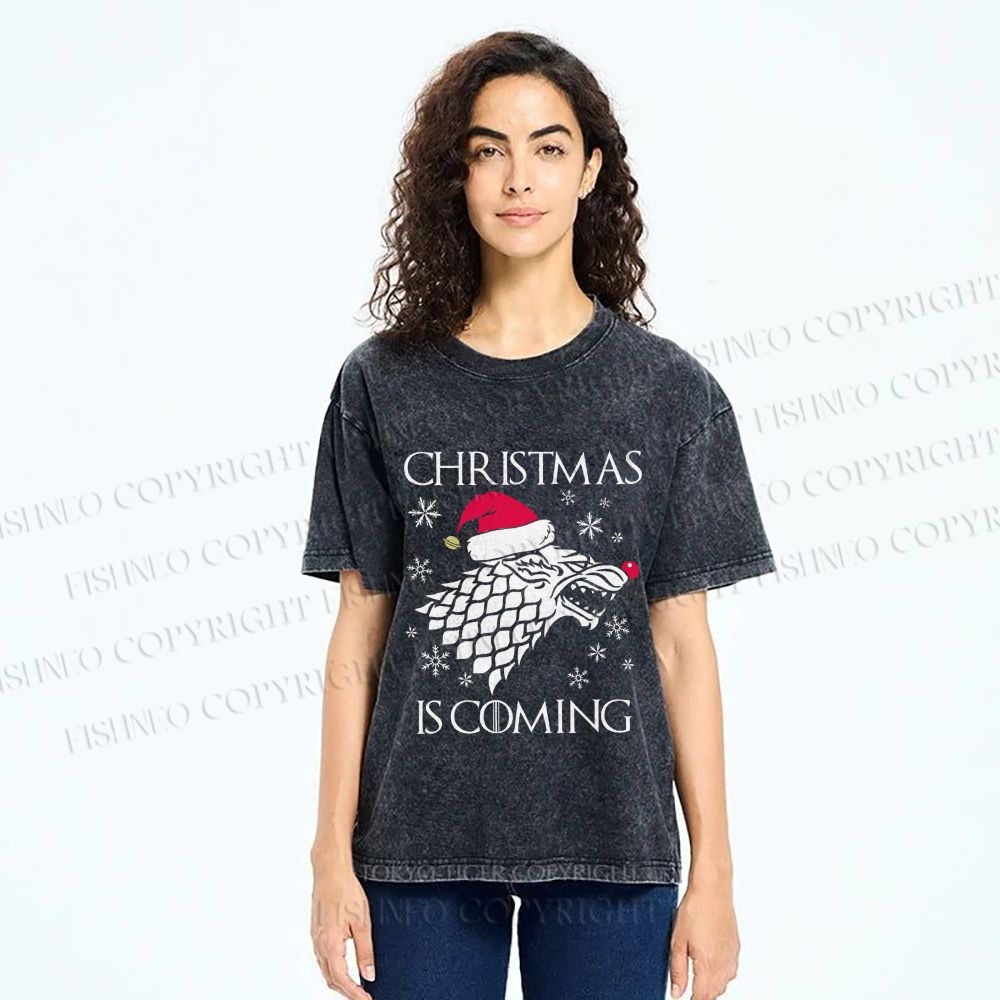 Unisex Winter Wolf Christmas Is Coming Printed Washed Tee