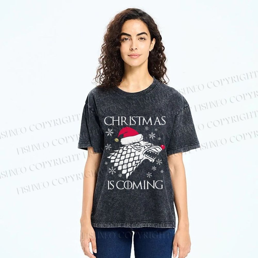 Unisex Winter Wolf Christmas Is Coming Printed Washed Tee