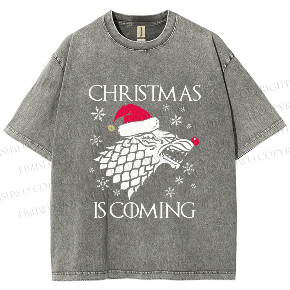 Unisex Winter Wolf Christmas Is Coming Printed Washed Tee