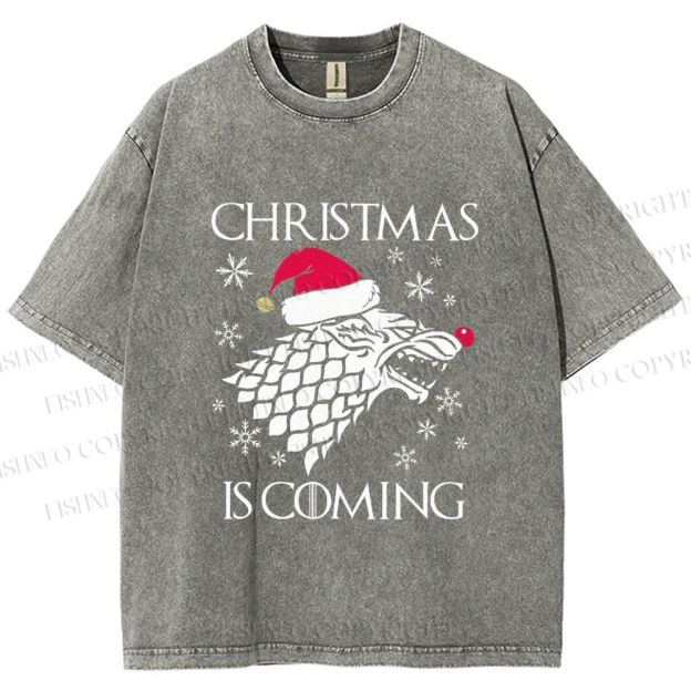 Unisex Winter Wolf Christmas Is Coming Printed Washed Tee