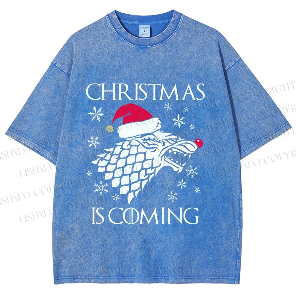 Unisex Winter Wolf Christmas Is Coming Printed Washed Tee