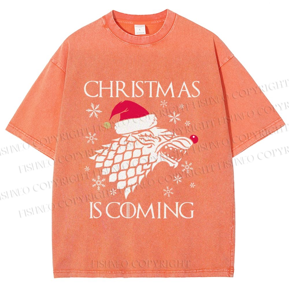 Unisex Winter Wolf Christmas Is Coming Printed Washed Tee