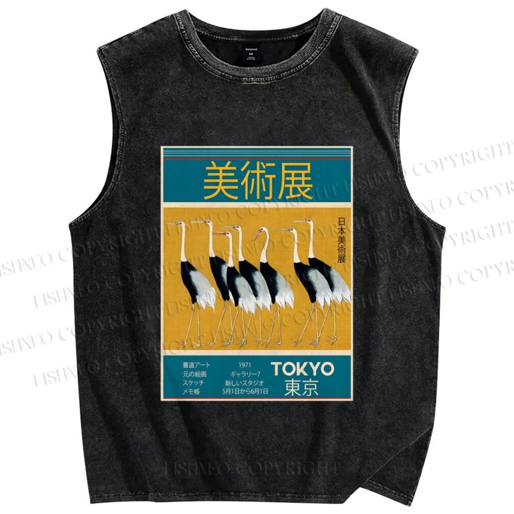 Unisex Tokyo Art Museum Crane Printed Washed Tank Top