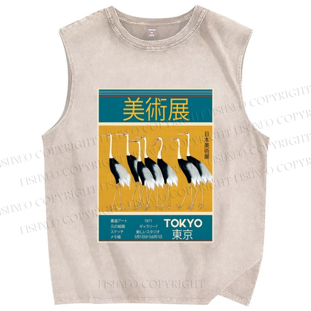 Unisex Tokyo Art Museum Crane Printed Washed Tank Top