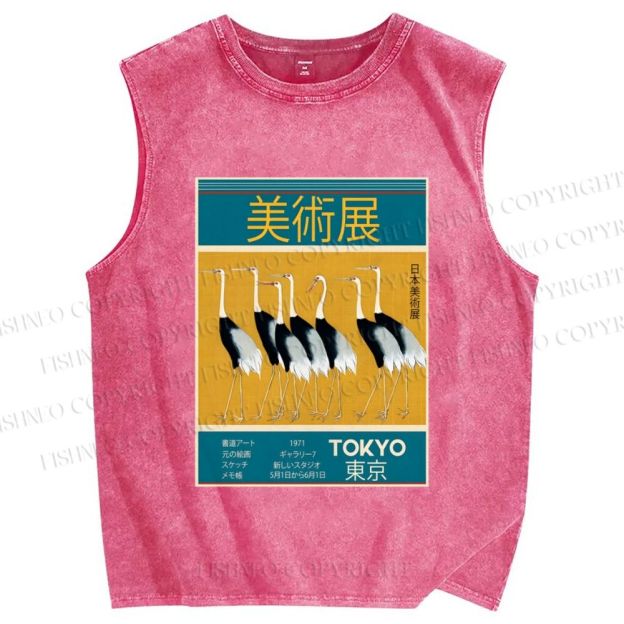 Unisex Tokyo Art Museum Crane Printed Washed Tank Top